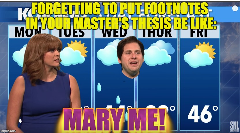 Floating Jonah Hill | FORGETTING TO PUT FOOTNOTES IN YOUR MASTER'S THESIS BE LIKE: | image tagged in snl,meme,jonah hill,cecily strong,kcr news,college | made w/ Imgflip meme maker