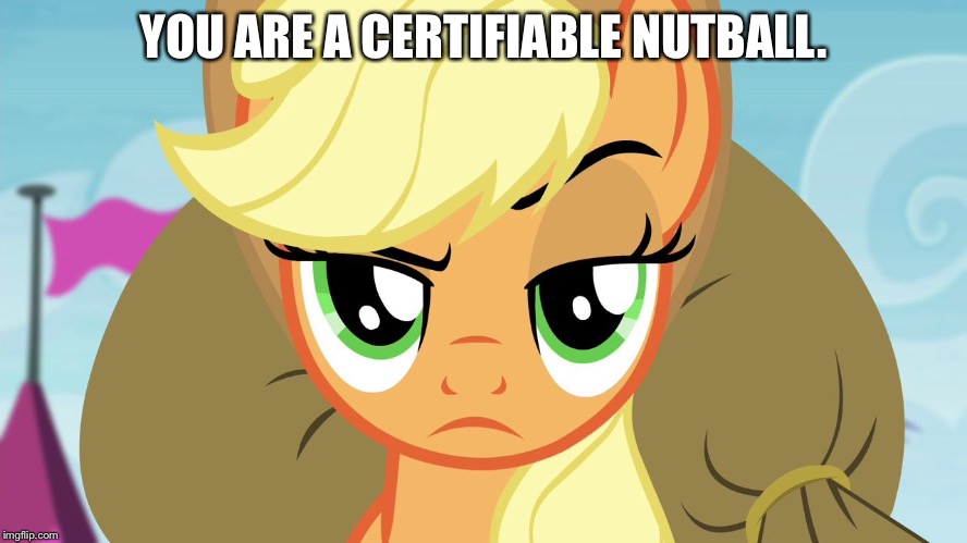 You are a certifiable nutball. | YOU ARE A CERTIFIABLE NUTBALL. | image tagged in applejack with eyebrow,memes,applejack,my little pony,my little pony friendship is magic,funny | made w/ Imgflip meme maker