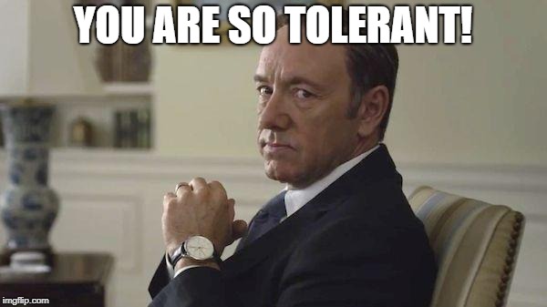 Frank Underwood No Tolerance | YOU ARE SO TOLERANT! | image tagged in frank underwood no tolerance | made w/ Imgflip meme maker