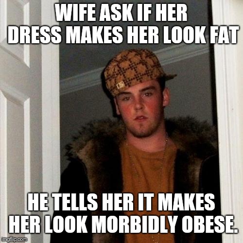 Scumbag Steve Meme | WIFE ASK IF HER DRESS MAKES HER LOOK FAT; HE TELLS HER IT MAKES HER LOOK MORBIDLY OBESE. | image tagged in memes,scumbag steve | made w/ Imgflip meme maker