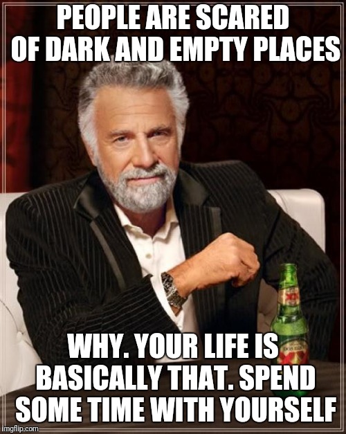 The Most Interesting Man In The World Meme | PEOPLE ARE SCARED OF DARK AND EMPTY PLACES; WHY. YOUR LIFE IS BASICALLY THAT. SPEND SOME TIME WITH YOURSELF | image tagged in memes,the most interesting man in the world | made w/ Imgflip meme maker