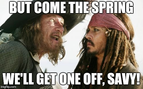Barbosa And Sparrow Meme | BUT COME THE SPRING WE'LL GET ONE OFF, SAVY! | image tagged in memes,barbosa and sparrow | made w/ Imgflip meme maker