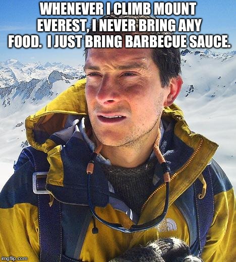 Bear Grylls | WHENEVER I CLIMB MOUNT EVEREST, I NEVER BRING ANY FOOD.  I JUST BRING BARBECUE SAUCE. | image tagged in memes,bear grylls | made w/ Imgflip meme maker