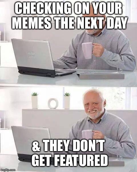 For me, it’s mainly a Raydog/Jefftims meme | CHECKING ON YOUR MEMES THE NEXT DAY; & THEY DON’T GET FEATURED | image tagged in memes,hide the pain harold,featured | made w/ Imgflip meme maker