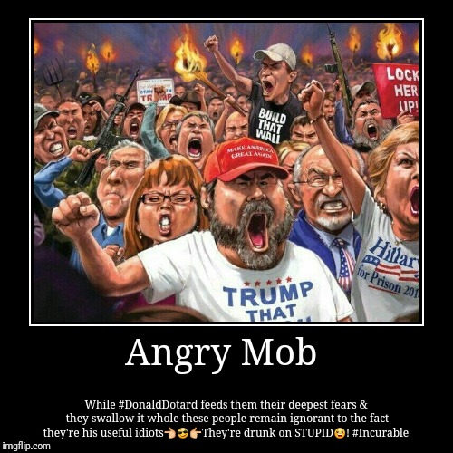 Angry Mob | While #DonaldDotard feeds them their deepest fears & they swallow it whole these people remain ignorant to the fact they're his  | image tagged in funny,demotivationals | made w/ Imgflip demotivational maker