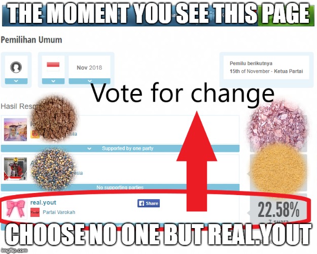 Erepublik Vote | THE MOMENT YOU SEE THIS PAGE; CHOOSE NO ONE BUT REAL.YOUT | image tagged in vote,upvote week | made w/ Imgflip meme maker