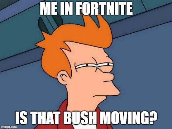 Futurama Fry | ME IN FORTNITE; IS THAT BUSH MOVING? | image tagged in memes,futurama fry | made w/ Imgflip meme maker