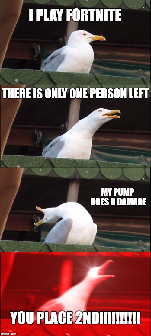 Inhaling Seagull | I PLAY FORTNITE; THERE IS ONLY ONE PERSON LEFT; MY PUMP DOES 9 DAMAGE; YOU PLACE 2ND!!!!!!!!!! | image tagged in memes,inhaling seagull | made w/ Imgflip meme maker