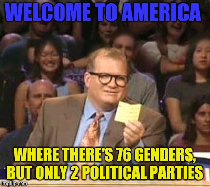 Break the duopoly  | WELCOME TO AMERICA; WHERE THERE'S 76 GENDERS, BUT ONLY 2 POLITICAL PARTIES | image tagged in drew carey,libertarian,duopoly,government corruption | made w/ Imgflip meme maker