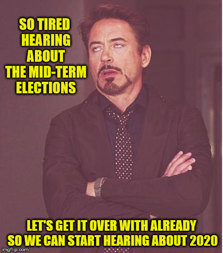 Sarcastic Face You Make About Elections | SO TIRED HEARING ABOUT THE MID-TERM ELECTIONS; LET'S GET IT OVER WITH ALREADY SO WE CAN START HEARING ABOUT 2020 | image tagged in memes,face you make robert downey jr,midterms,sarcastic,election 2020 | made w/ Imgflip meme maker