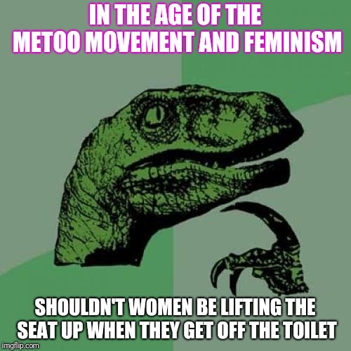 Philosoraptor | IN THE AGE OF THE METOO MOVEMENT AND FEMINISM; SHOULDN'T WOMEN BE LIFTING THE SEAT UP WHEN THEY GET OFF THE TOILET | image tagged in memes,philosoraptor | made w/ Imgflip meme maker