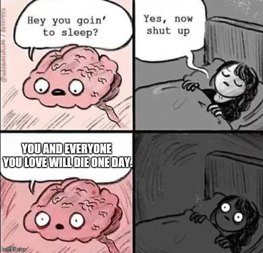 Nothing like some good ole existentialism to keep you up at night! | YOU AND EVERYONE YOU LOVE WILL DIE ONE DAY. | image tagged in waking up brain,existentialism,life,death | made w/ Imgflip meme maker