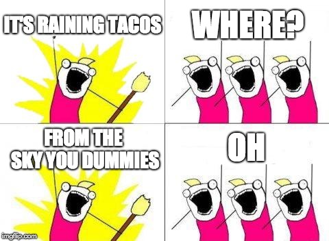 What Do We Want | IT'S RAINING TACOS; WHERE? OH; FROM THE SKY YOU DUMMIES | image tagged in memes,what do we want | made w/ Imgflip meme maker