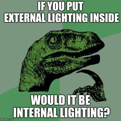 Philosoraptor | IF YOU PUT EXTERNAL LIGHTING INSIDE; WOULD IT BE INTERNAL LIGHTING? | image tagged in memes,philosoraptor | made w/ Imgflip meme maker