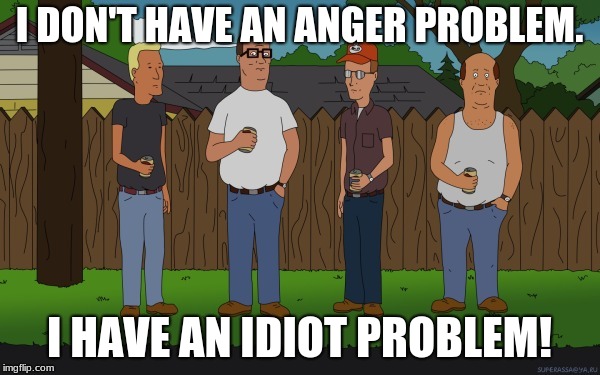 King of the hill | I DON'T HAVE AN ANGER PROBLEM. I HAVE AN IDIOT PROBLEM! | image tagged in king of the hill | made w/ Imgflip meme maker
