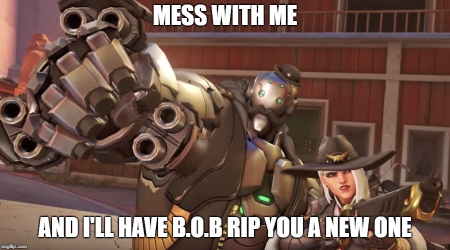 ashe & b.o.b, partners in crime | MESS WITH ME; AND I'LL HAVE B.O.B RIP YOU A NEW ONE | image tagged in overwatch,ashe,bob | made w/ Imgflip meme maker