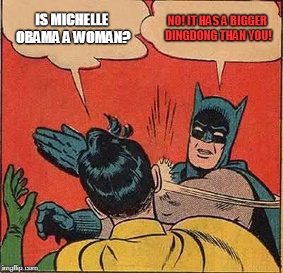 Batman Slapping Robin | IS MICHELLE OBAMA A WOMAN? NO! IT HAS A BIGGER DINGDONG THAN YOU! | image tagged in memes,batman slapping robin | made w/ Imgflip meme maker