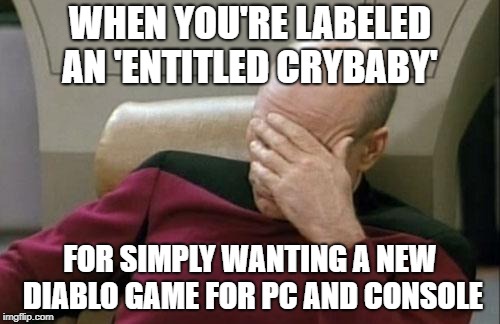 Captain Picard Facepalm | WHEN YOU'RE LABELED AN 'ENTITLED CRYBABY'; FOR SIMPLY WANTING A NEW DIABLO GAME FOR PC AND CONSOLE | image tagged in memes,captain picard facepalm | made w/ Imgflip meme maker