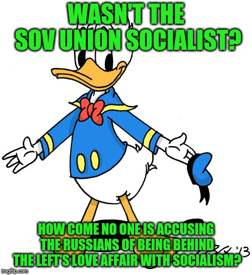 Maybe they're sponsoring turmoil, not agendas | WASN'T THE SOV UNION SOCIALIST? HOW COME NO ONE IS ACCUSING THE RUSSIANS OF BEING BEHIND THE LEFT'S LOVE AFFAIR WITH SOCIALISM? | image tagged in donald duck shrugs | made w/ Imgflip meme maker