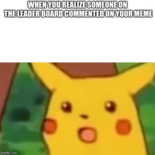 Surprised Pikachu | WHEN YOU REALIZE SOMEONE ON THE LEADER BOARD COMMENTED ON YOUR MEME | image tagged in surprised pikachu | made w/ Imgflip meme maker