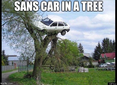 car in tree | SANS CAR IN A TREE | image tagged in car in tree | made w/ Imgflip meme maker