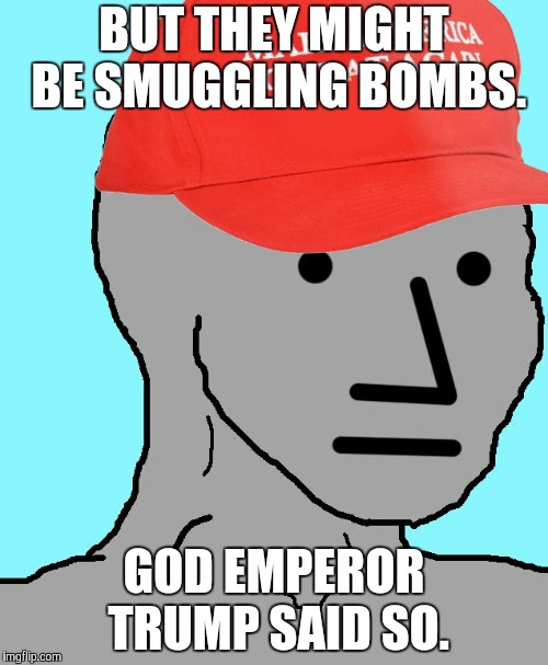 MAGA NPC | BUT THEY MIGHT BE SMUGGLING BOMBS. GOD EMPEROR TRUMP SAID SO. | image tagged in maga npc | made w/ Imgflip meme maker