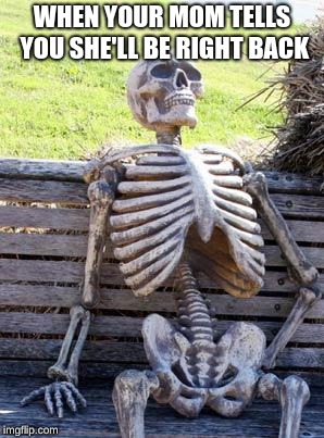 Waiting Skeleton | WHEN YOUR MOM TELLS YOU SHE'LL BE RIGHT BACK | image tagged in memes,waiting skeleton | made w/ Imgflip meme maker