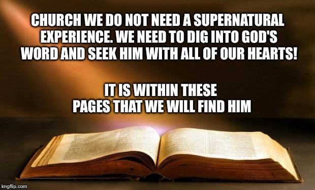 Bible  | CHURCH WE DO NOT NEED A SUPERNATURAL EXPERIENCE. WE NEED TO DIG INTO GOD'S WORD AND SEEK HIM WITH ALL OF OUR HEARTS! IT IS WITHIN THESE PAGES THAT WE WILL FIND HIM | image tagged in bible | made w/ Imgflip meme maker