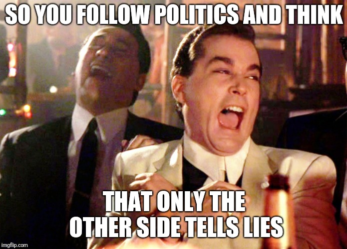 One sided politics | SO YOU FOLLOW POLITICS AND THINK; THAT ONLY THE OTHER SIDE TELLS LIES | image tagged in memes,good fellas hilarious,politics | made w/ Imgflip meme maker