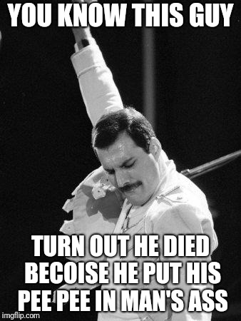Freddie Mercury | YOU KNOW THIS GUY; TURN OUT HE DIED BECOISE HE PUT HIS PEE PEE IN MAN'S ASS | image tagged in freddie mercury | made w/ Imgflip meme maker