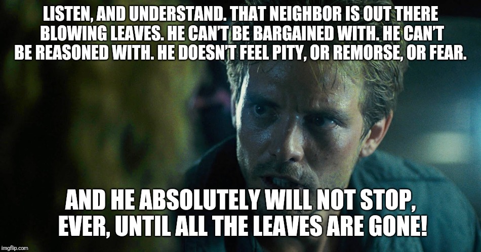 Kyle Reese | LISTEN, AND UNDERSTAND. THAT NEIGHBOR IS OUT THERE BLOWING LEAVES. HE CAN’T BE BARGAINED WITH. HE CAN’T BE REASONED WITH. HE DOESN’T FEEL PITY, OR REMORSE, OR FEAR. AND HE ABSOLUTELY WILL NOT STOP, EVER, UNTIL ALL THE LEAVES ARE GONE! | image tagged in kyle reese | made w/ Imgflip meme maker