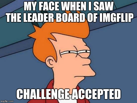 MY NEW GOAL WISH ME LUCK | MY FACE WHEN I SAW THE LEADER BOARD OF IMGFLIP; CHALLENGE ACCEPTED | image tagged in memes,futurama fry | made w/ Imgflip meme maker
