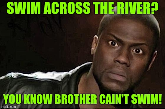 Kevin Hart Meme | SWIM ACROSS THE RIVER? YOU KNOW BROTHER CAIN'T SWIM! | image tagged in memes,kevin hart | made w/ Imgflip meme maker