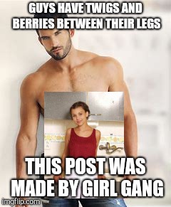 This Post Was Made By Girl Gang | GUYS HAVE TWIGS AND BERRIES BETWEEN THEIR LEGS; THIS POST WAS MADE BY GIRL GANG | image tagged in gang,pewdiepie,pyro,m14 gang | made w/ Imgflip meme maker