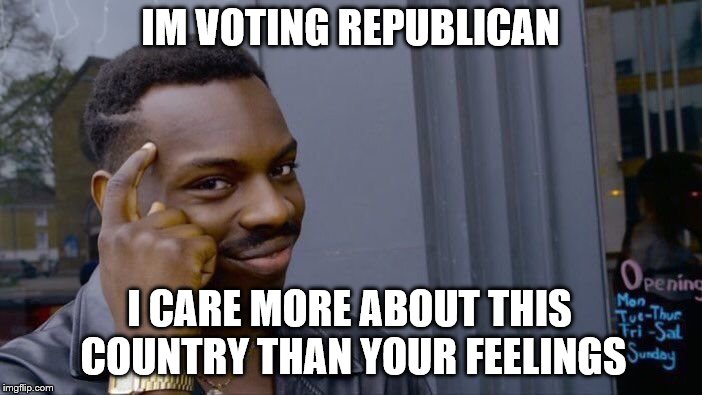 Roll Safe Think About It | IM VOTING REPUBLICAN; I CARE MORE ABOUT THIS COUNTRY THAN YOUR FEELINGS | image tagged in memes,roll safe think about it | made w/ Imgflip meme maker