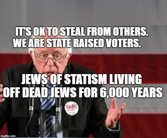 BERNIE SANDERS WTF | IT'S OK TO STEAL FROM OTHERS. WE ARE STATE RAISED VOTERS. JEWS OF STATISM LIVING OFF DEAD JEWS FOR 6,000 YEARS | image tagged in bernie sanders wtf | made w/ Imgflip meme maker