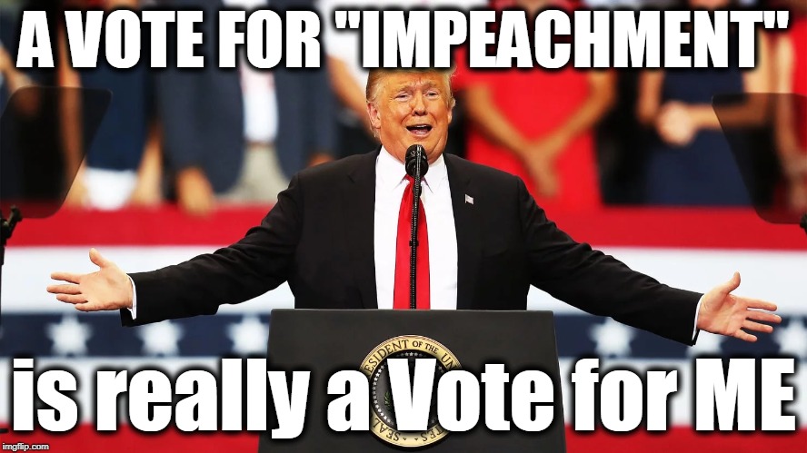 TRUMP: A Vote for "Impeachment" is really a Vote for Me | A VOTE FOR "IMPEACHMENT"; is really a Vote for ME | image tagged in trump,2018 elections,midterms,impeach trump | made w/ Imgflip meme maker