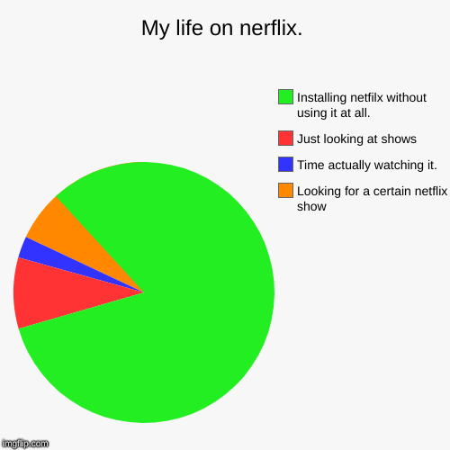 My life on nerflix. | Looking for a certain netflix show, Time actually watching it., Just looking at shows, Installing netfilx without usin | image tagged in funny,pie charts | made w/ Imgflip chart maker