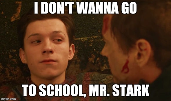 I DON'T WANNA GO; TO SCHOOL, MR. STARK | image tagged in memes,superheroes,infinity war,avengers infinity war | made w/ Imgflip meme maker