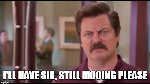 Ron Swanson | I'LL HAVE SIX, STILL MOOING PLEASE | image tagged in ron swanson | made w/ Imgflip meme maker