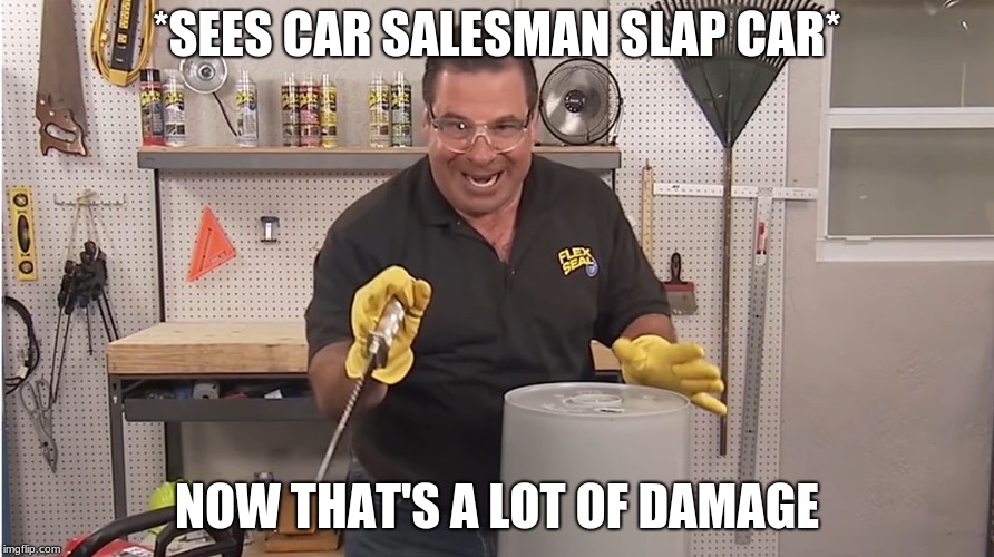 Phil Swift That's A Lotta Damage (Flex Tape/Seal) | *SEES CAR SALESMAN SLAP CAR*; NOW THAT'S A LOT OF DAMAGE | image tagged in phil swift that's a lotta damage flex tape/seal | made w/ Imgflip meme maker