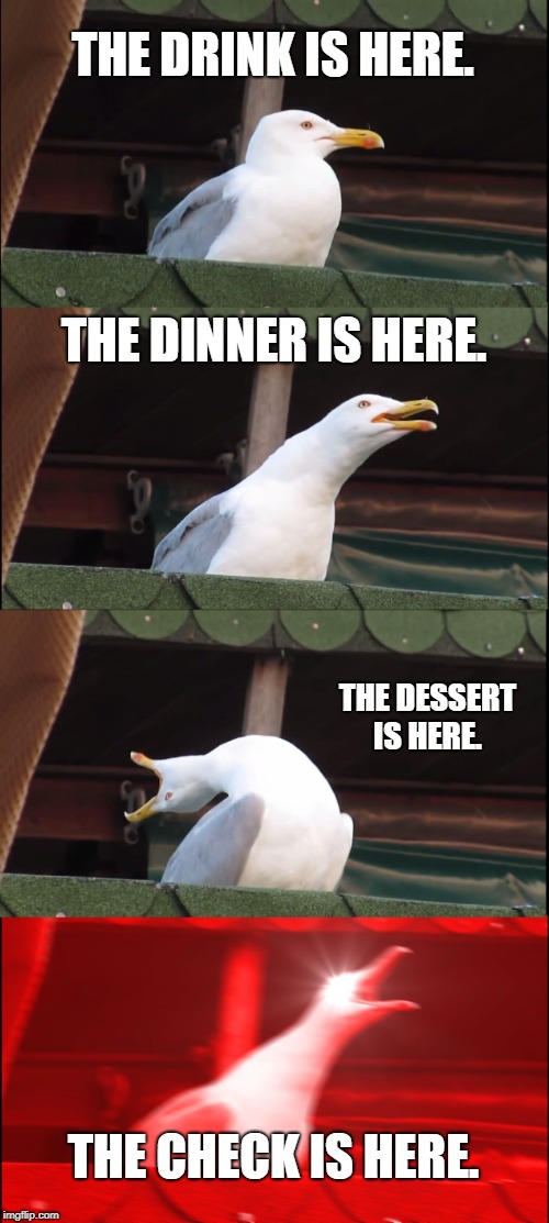 Inhaling Seagull Meme | THE DRINK IS HERE. THE DINNER IS HERE. THE DESSERT IS HERE. THE CHECK IS HERE. | image tagged in memes,inhaling seagull | made w/ Imgflip meme maker