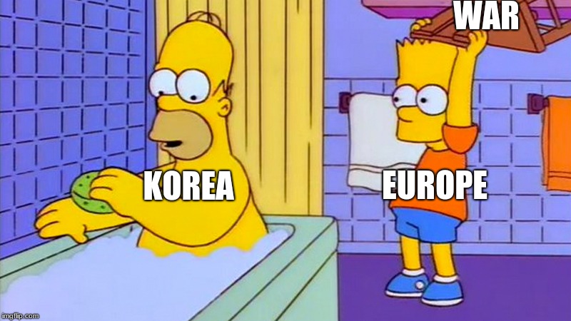 No More Wars | WAR; KOREA; EUROPE | image tagged in bart hitting homer with a chair,korea,europe,1893,war | made w/ Imgflip meme maker