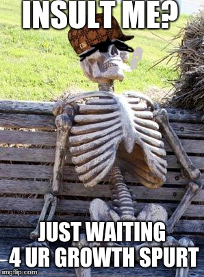 Waiting Skeleton Meme | INSULT ME? JUST WAITING 4 UR GROWTH SPURT | image tagged in memes,waiting skeleton,scumbag | made w/ Imgflip meme maker