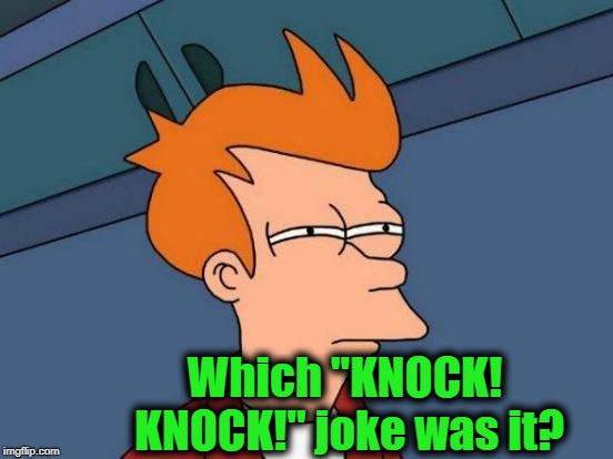 Futurama Fry Meme | Which "KNOCK! KNOCK!" joke was it? | image tagged in memes,futurama fry | made w/ Imgflip meme maker