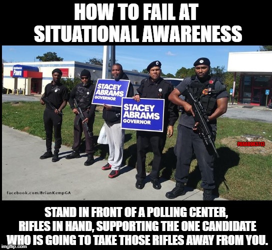 Domestic Terrorist make for Useful Idiots | HOW TO FAIL AT SITUATIONAL AWARENESS; PARADOX3713; STAND IN FRONT OF A POLLING CENTER, RIFLES IN HAND, SUPPORTING THE ONE CANDIDATE WHO IS GOING TO TAKE THOSE RIFLES AWAY FROM YOU. | image tagged in black panthers,black lives matter,domestic terrorist,antifa,elections,voter intimidation | made w/ Imgflip meme maker