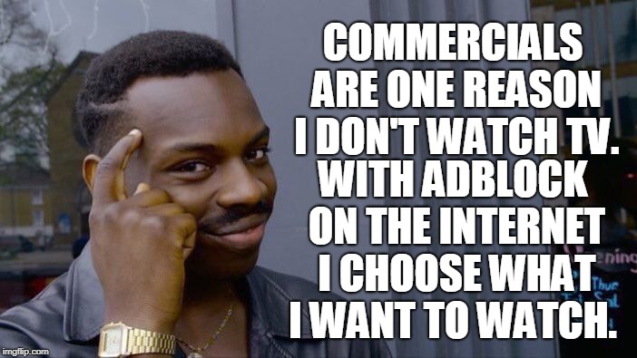 Roll Safe Think About It Meme | COMMERCIALS ARE ONE REASON I DON'T WATCH TV. WITH ADBLOCK ON THE INTERNET I CHOOSE WHAT I WANT TO WATCH. | image tagged in memes,roll safe think about it | made w/ Imgflip meme maker