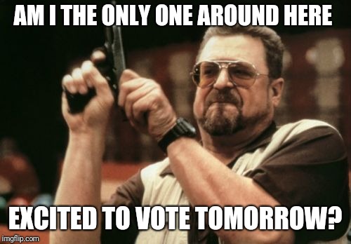 Am I The Only One Around Here Meme | AM I THE ONLY ONE AROUND HERE; EXCITED TO VOTE TOMORROW? | image tagged in memes,am i the only one around here,AdviceAnimals | made w/ Imgflip meme maker