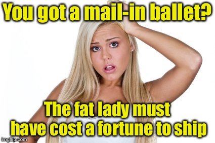 Why some people don’t vote by mail | You got a mail-in ballet? The fat lady must have cost a fortune to ship | image tagged in dumb blonde,voting ballot | made w/ Imgflip meme maker