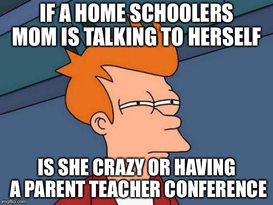 Futurama Fry | IF A HOME SCHOOLERS MOM IS TALKING TO HERSELF; IS SHE CRAZY OR HAVING A PARENT TEACHER CONFERENCE | image tagged in memes,futurama fry | made w/ Imgflip meme maker